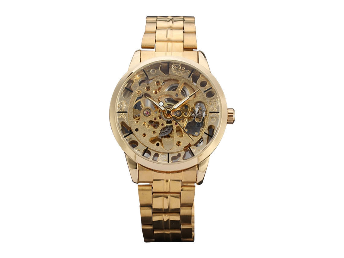 Relógio de pulso mecânico automático vazado requintado para homens de negócios, pulseira de aço (dourado)