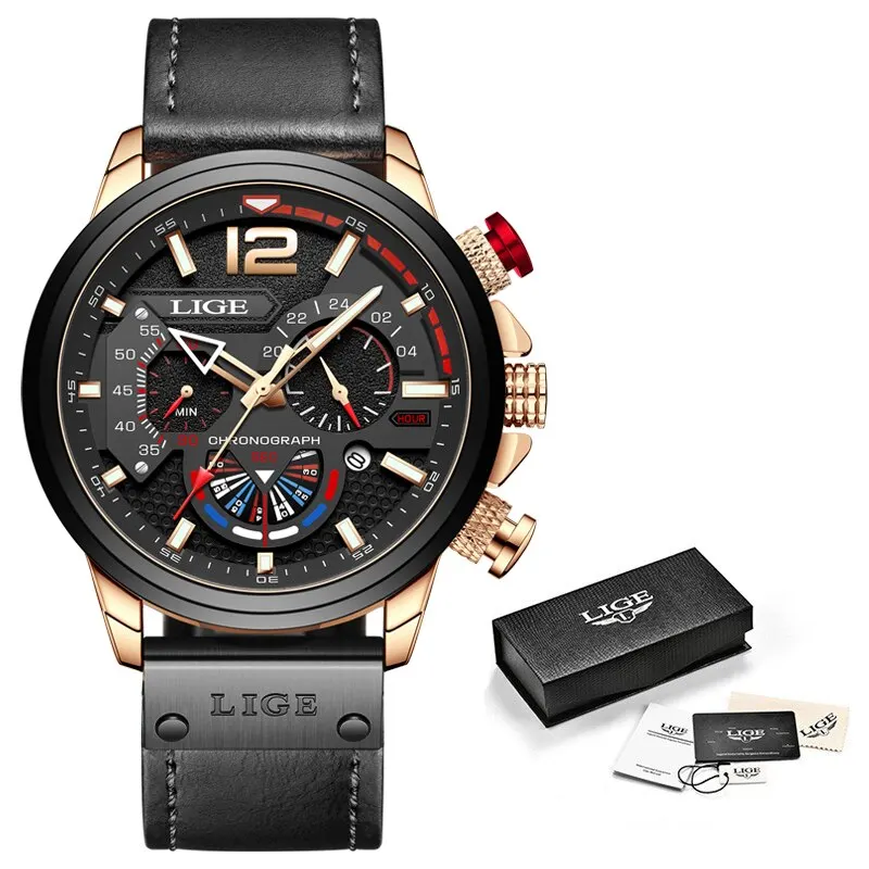 Relógio Esportivo Cronógrafo (dourado E Preto), Relógio De Quartzo, Relógio À Prova D'água Com Pulseira De Couro