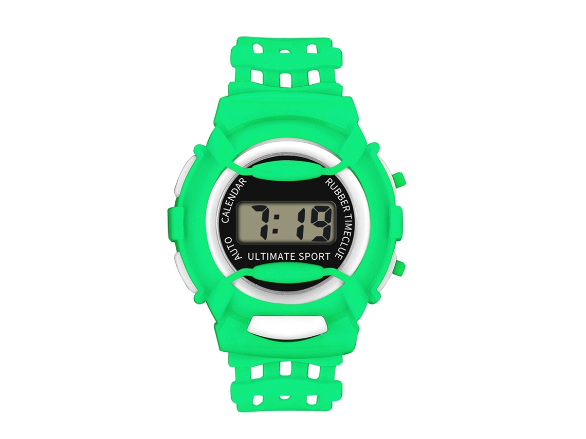 Relógio eletrônico infantil à prova d'água até 30 metros com pulseira verde.