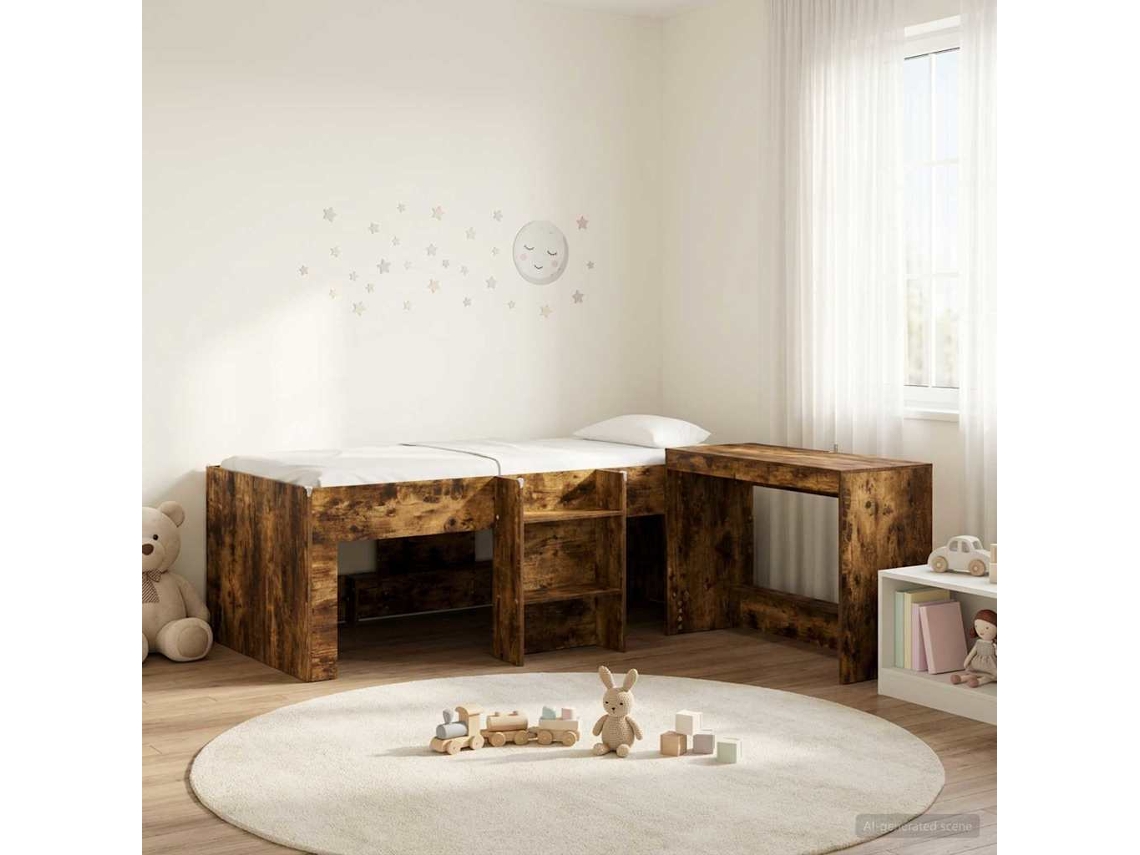 Vidaxl Cama Alta Para Crianças Com Mesa 2 Unid. Carvalho Fumado