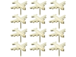 Conjunto de 12 tachinhas douradas em formato de avião da Liga Zinco, ideais para mapas e paredes. Fáceis de usar e com design exclusivo.