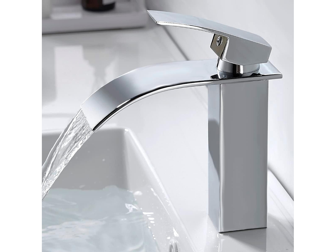 Torneira moderna para banheiro em formato de cascata, torneira misturadora de latão, água quente e fria, cromada, tipo cascata, CXC