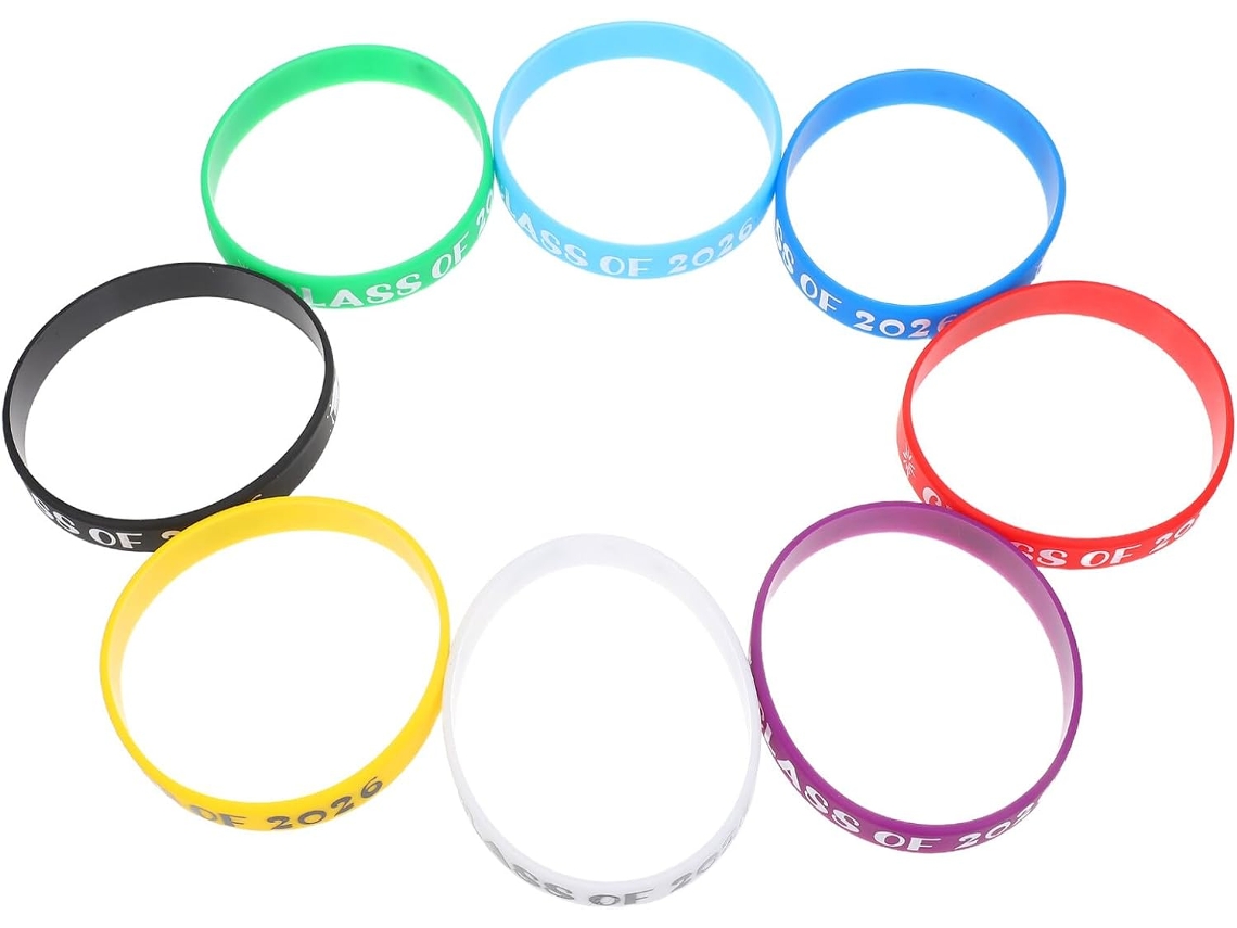 Pulseiras de silicone para Formatura 2026, pacote com 8 unidades em núcleos sortidos, pulseiras confortáveis e ajustáveis.