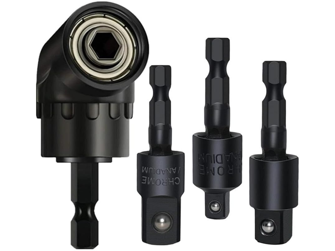 Conjunto De 4 Em 1 Com Extensão Angular 105 Graus, Haste 360 Para Brocas 1/4, 3/8 E 1/2 Aço