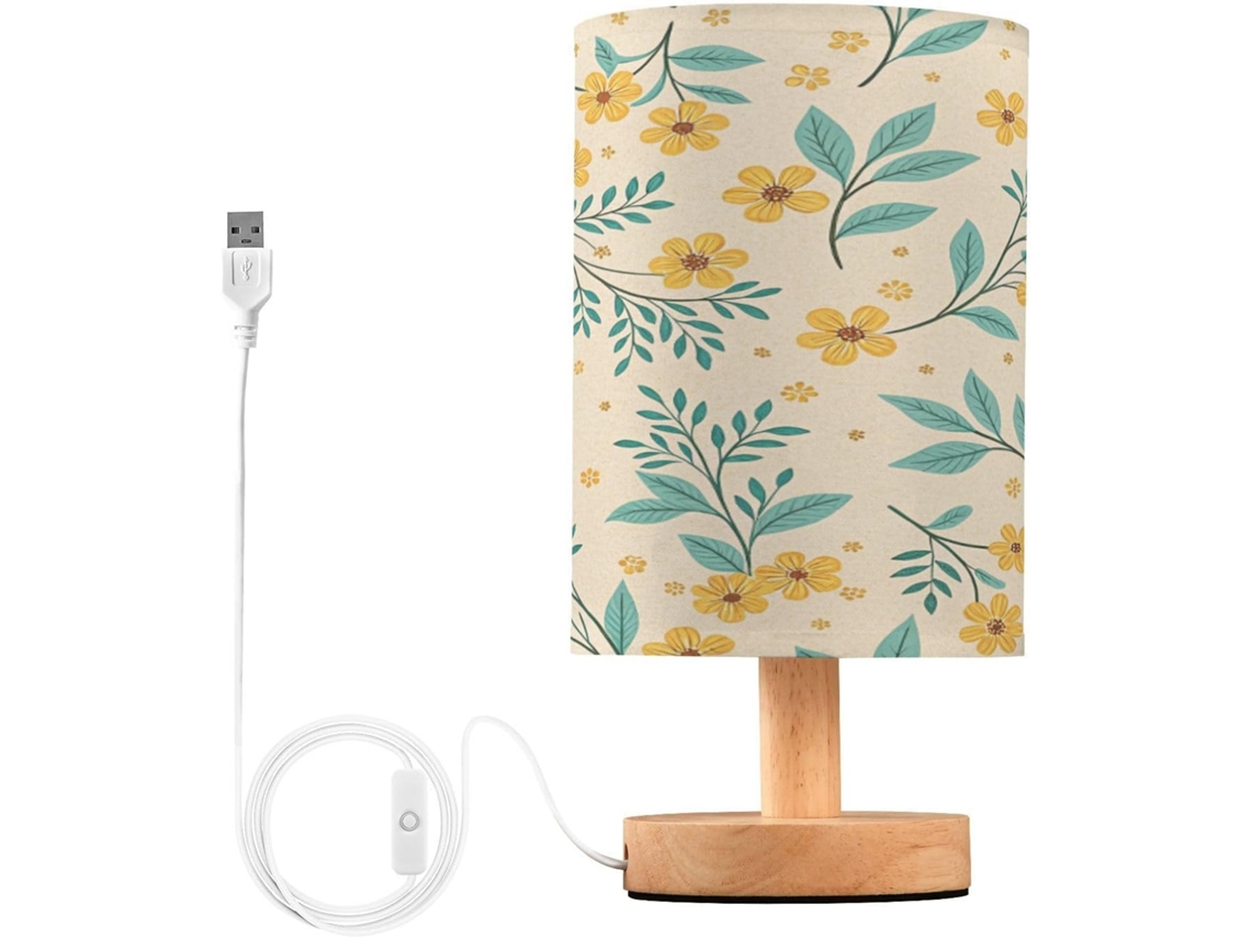 Abajur De Cabeceira Floral Amarelo Para Quarto, Com Portas De Carregamento Usb C, Luminária De Mesa Cabeceira, Luminária