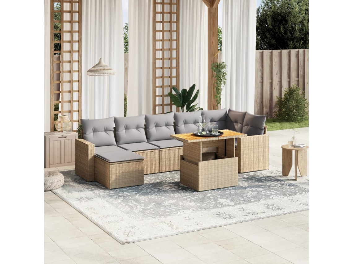 Vidaxl 8 Pcs Conjunto De Sofás P/ Jardim Com Almofadões Vime Pe Bege