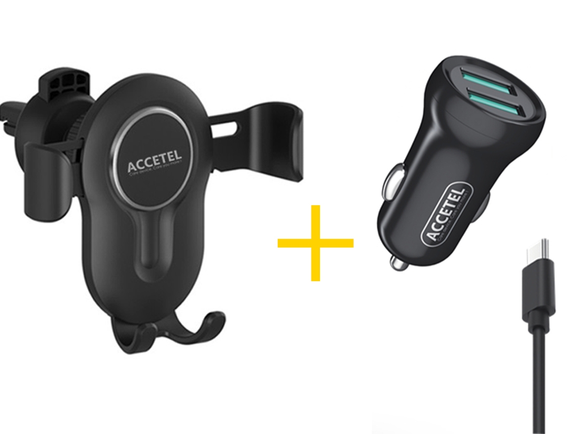 Pack Auto Suporte ACCETEL SP118 + Cabo Type C + Carregador para Apple iPhone 16 Pro Max ACCETEL CC266 2X USB 2.4A Preto