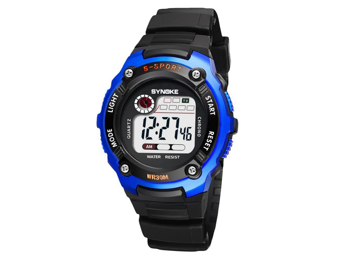 Relógio esportivo à prova d'água com luz de fundo para crianças, pulseira azul macia