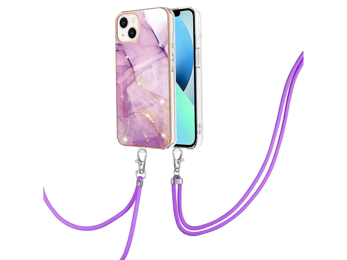 Capa Imd Tpu Resistente A Impactos Com Padrão De Mármore E Revestimento Eletroplástico Para Iphone 15 Plus, Com Cordão Para Pescoço.