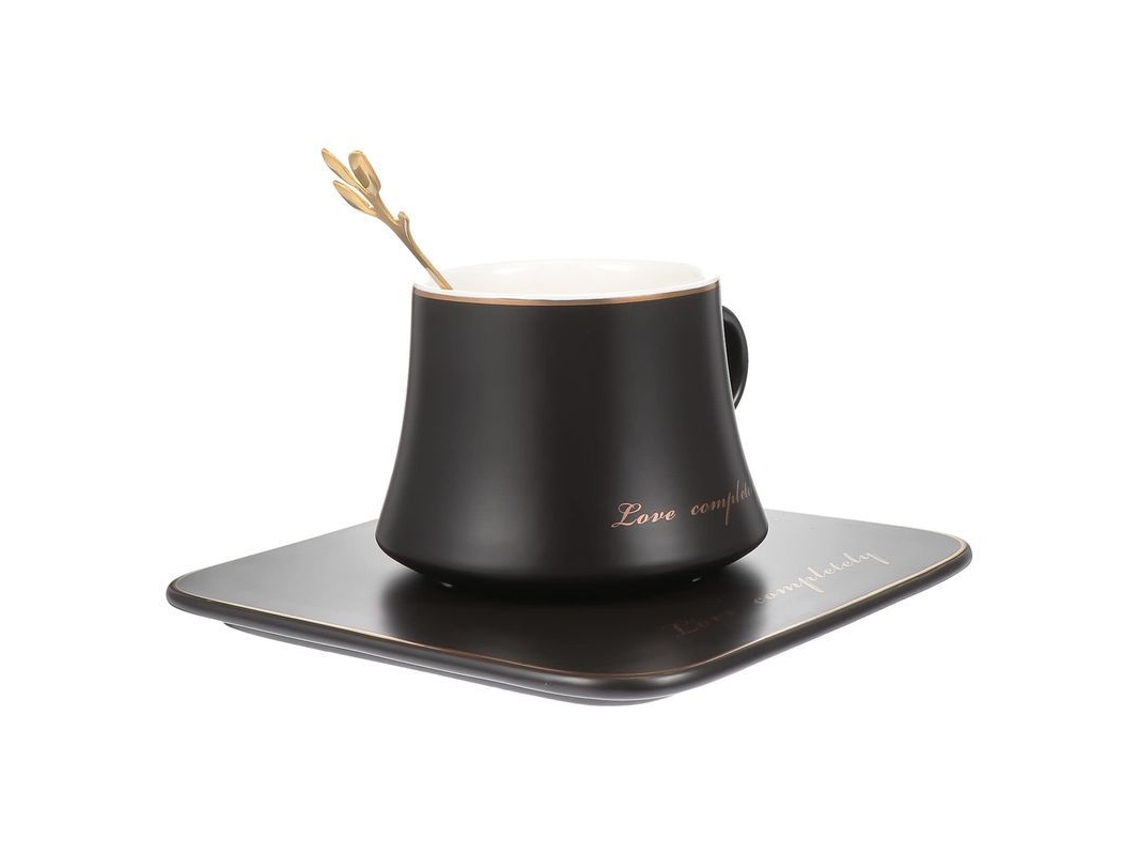 Conjunto Rebe com xícara, colher e bandeja decorativa para suco, café e chá, em cerâmica resistente.