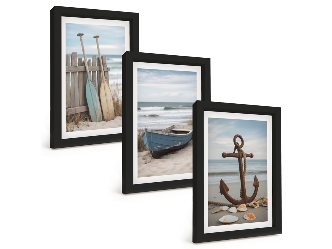 Composição De Quadrosâncora De Barco Na Praia Moldura Preta Imagens Para Um Quarto Infantil Espelharte (3 Peças 20x30 Cm)