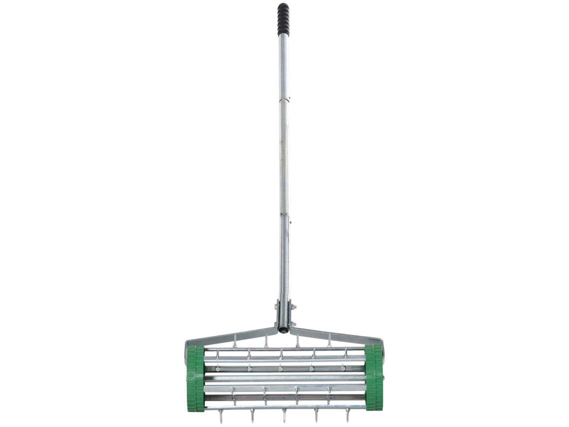 Aerador Gramado Cabo Ajustável Escarificador Rolo Pontas Verde Prata 139x44x15cm