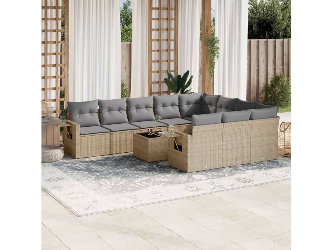 Vidaxl 11 Pcs Conjunto Sofás de Jardim C/ Almofadões Vime Pe Bege