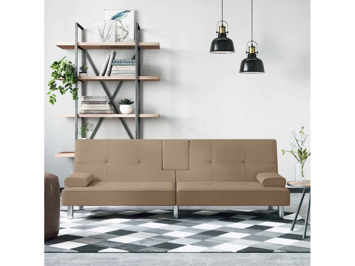 Vidaxl Sofá-cama C/ Suporte Para Copos Couro Artificial Cor Cappuccino