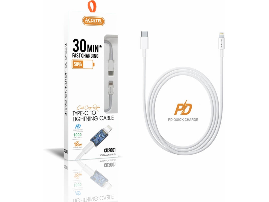 Cabo para iPhone 12 ACCETEL CU-2001 (Lightning - 1 m - Branco)