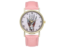 Relógio de quartzo casual unissex com pulseira de couro PU rosa e mostrador redondo.