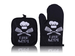 2026 luvas de Forno Linjou, Par de Luvas e Porta copos Resistentes Ao Calor (gorro de Chef Preto)