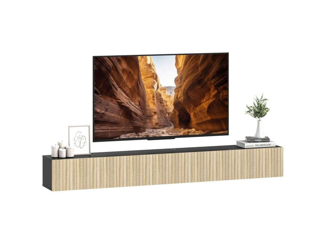 Móvel De Parede Para Tv De 140 Cm, Móvel Para Tvs De 72 Polegadas, 2 Portas Basculantes, 140 X 25 X 22 Cm, Madeira Natural E Preto.