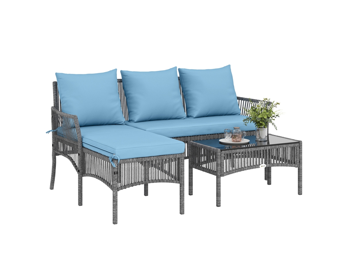 Conjunto Jardim PROFESIA BOYANG com sofá 2 lugares, chaise longue e mesa de centro de vidro temperado azul claro