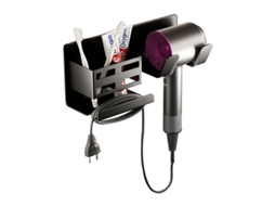 Suporte Para Secador De Cabelo, Organizador Banheiro Cabelo Parede Com 2 Compartimentos Alumínio E Cabo, Preto.