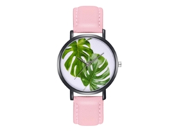 Relógio analógico unissex com pulseira de couro PU, folhas verdes e pulseira de couro rosa.