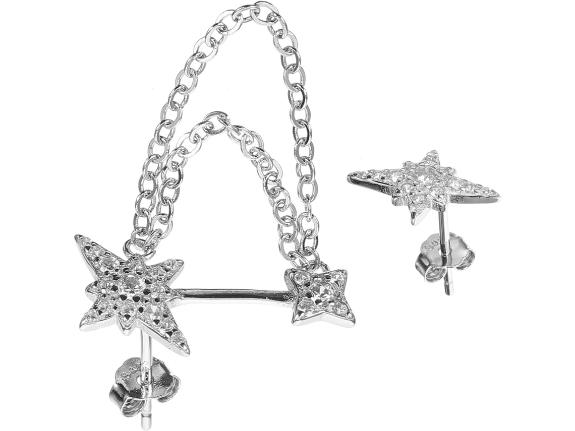 Brincos De Punho Assimétricos Em Forma De Estrela De Oito Pontas Em Metal Prateado Com Corrente.