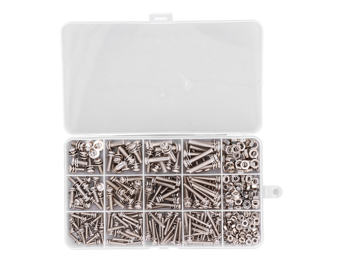 Conjunto de parafusos e porcas de aço inox, 360 peças, arruelas, múltiplos tamanhos