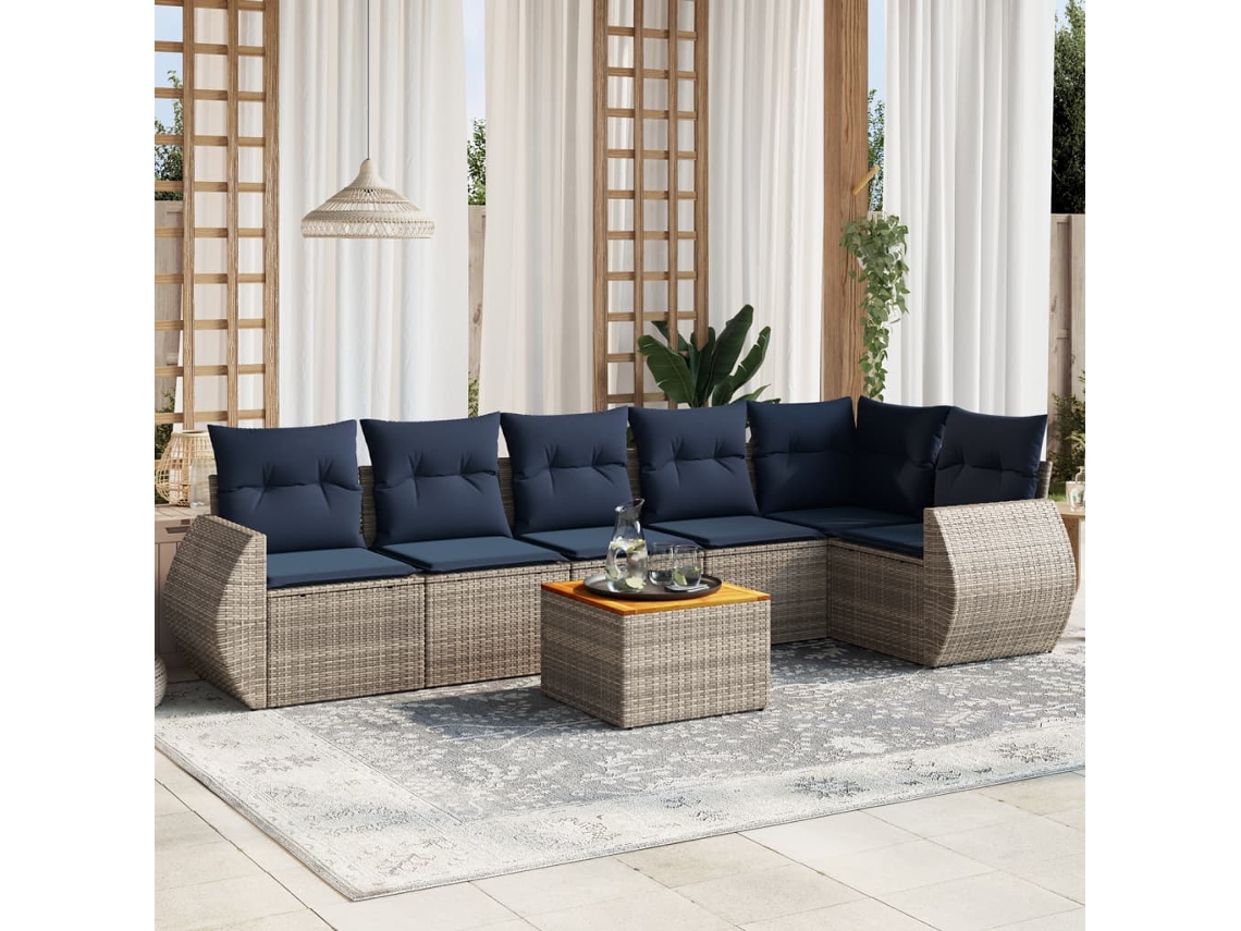 Vidaxl Conjunto De Sofá De Jardim Com 7 Peças E Almofadas Em Rattan Sintético Cinza