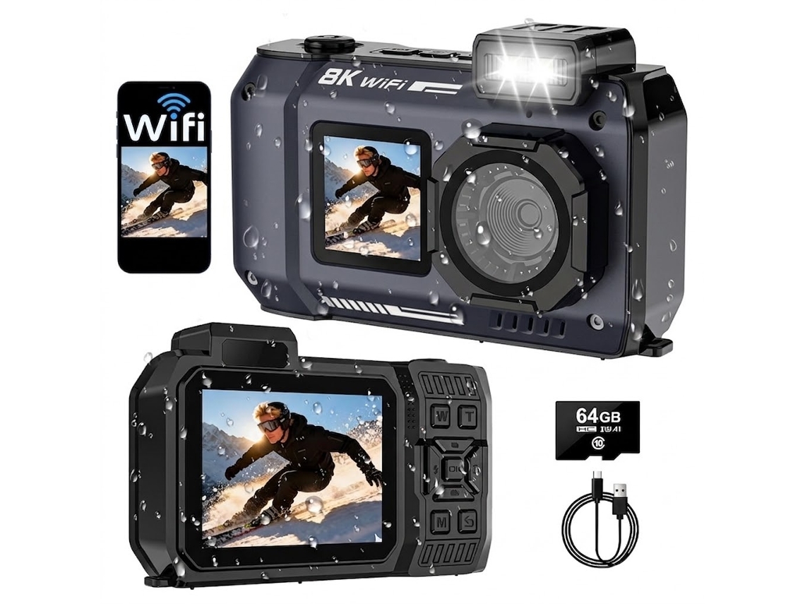 Câmera À Prova D'água 8k 70mp Com Tela Dupla, Submersível A 10m (33 Pés), Wi-fi E Sos (preta)