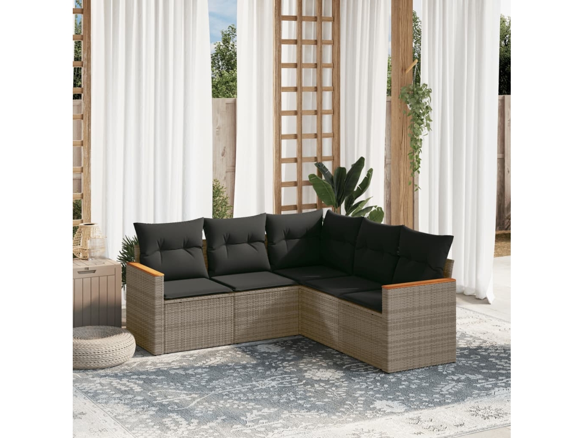 Vidaxl 5 Pcs Conjunto Sofás De Jardim C/ Almofadões Vime Pe Cinzento