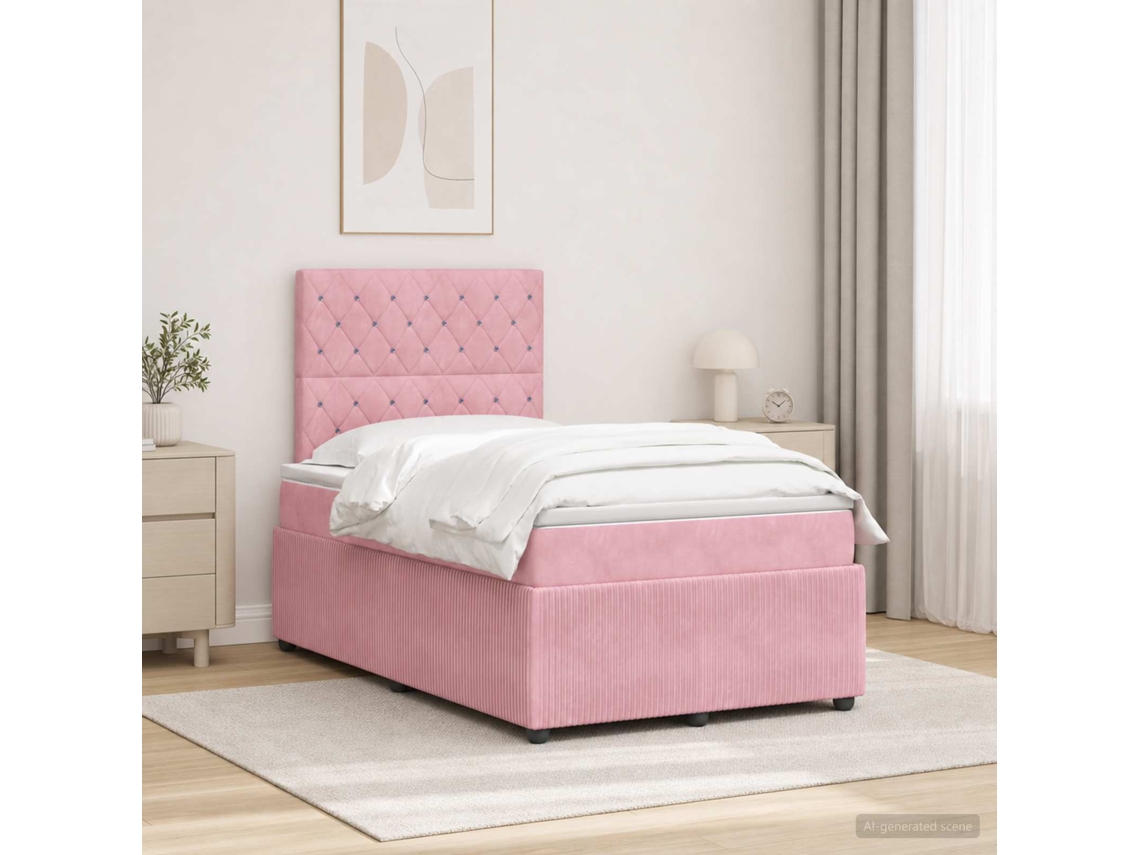 Vidaxl Cama Box Com Led E Colchão Rosa 120 X 190 Cm Veludo