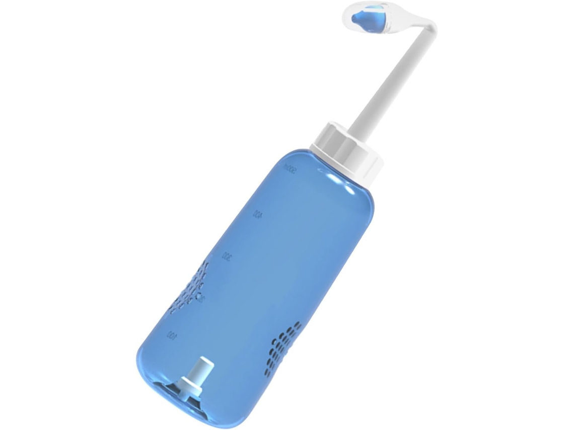 Frasco de plástico de 500 ml para lavagem nasal com 2 bicos e controle de fluxo de água.