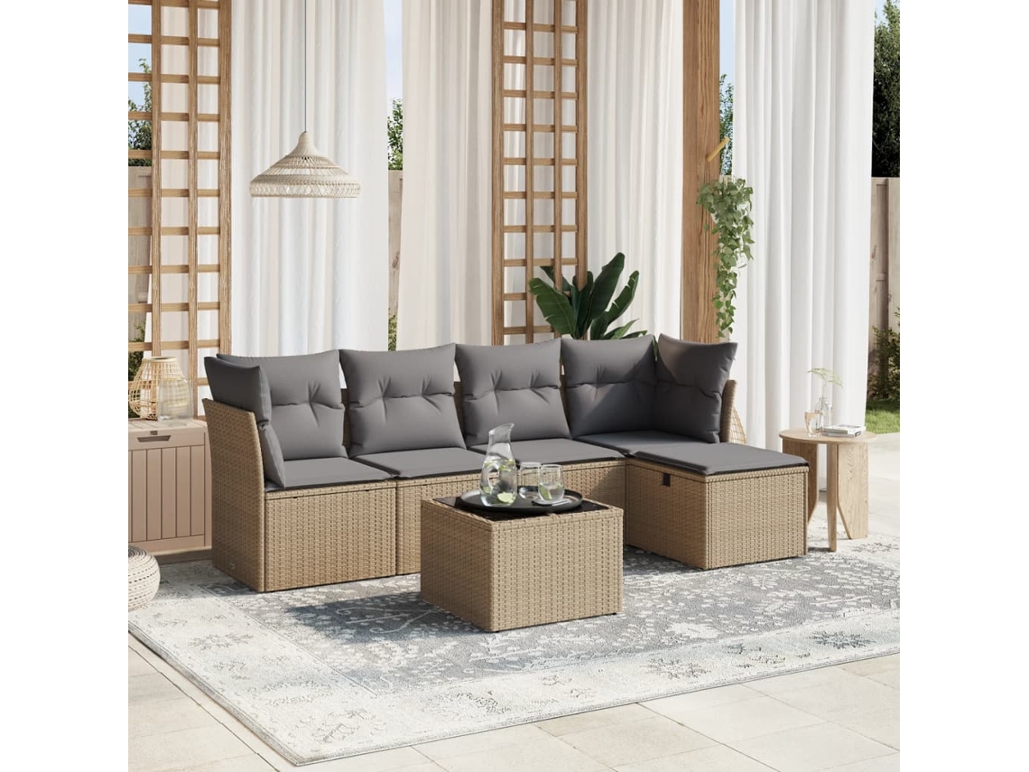 Vidaxl 6 Pcs Conj. Sofás Jardim C/ Almofadões Vime Pe Bege Misturado
