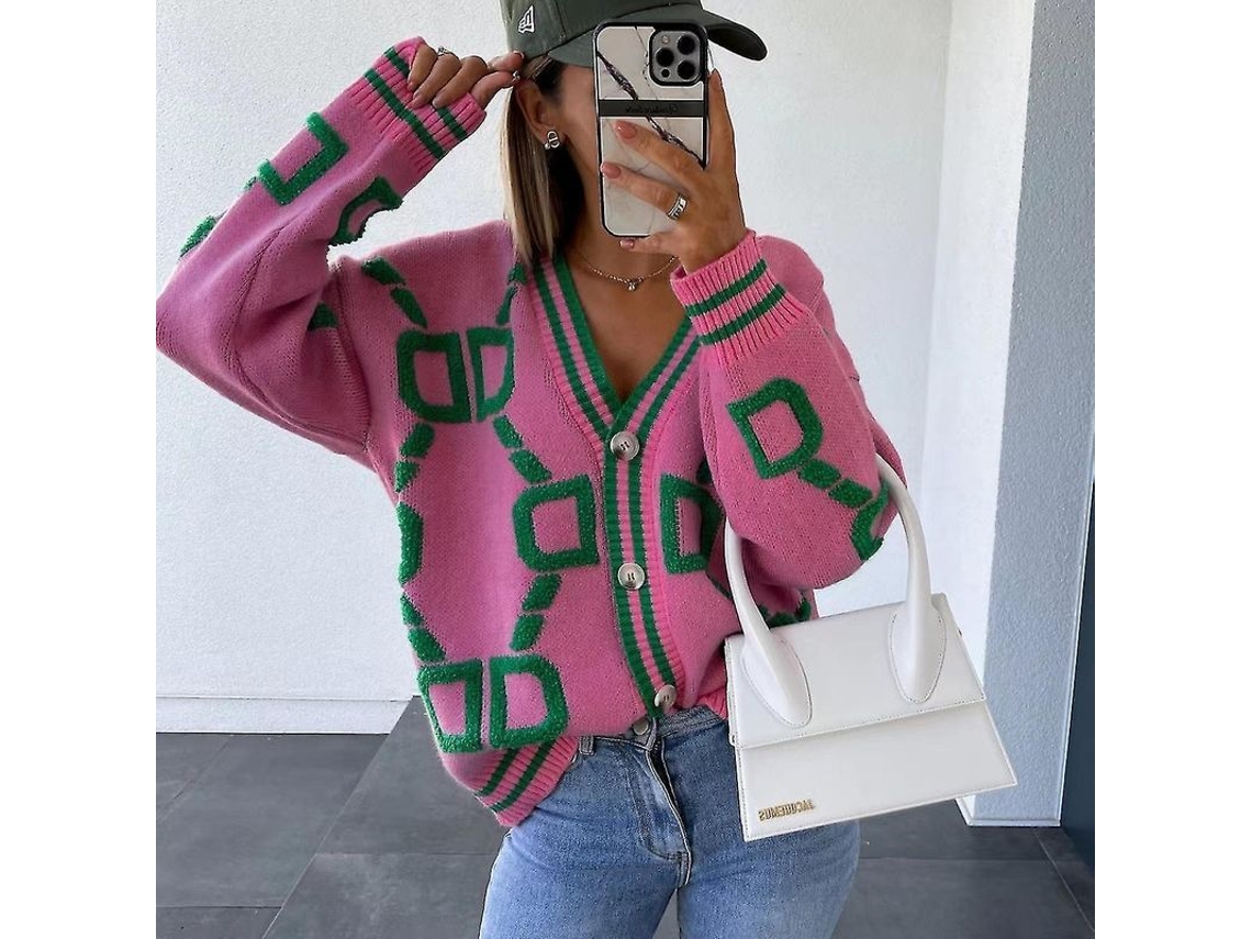 2026 chaqueta Tejida de Invierno para Mujer, Manga Larga, Suelta, Cuello En V, Cálida Y Casual Con Estampado, Estilo Inglés, Poliéster