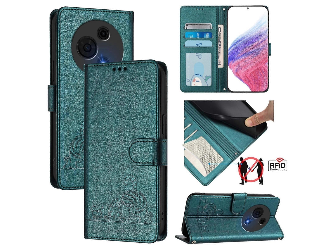 Capa De Couro Para Celular Com Padrão Rfid Em Relevo De Gato E Rato Com Cordão