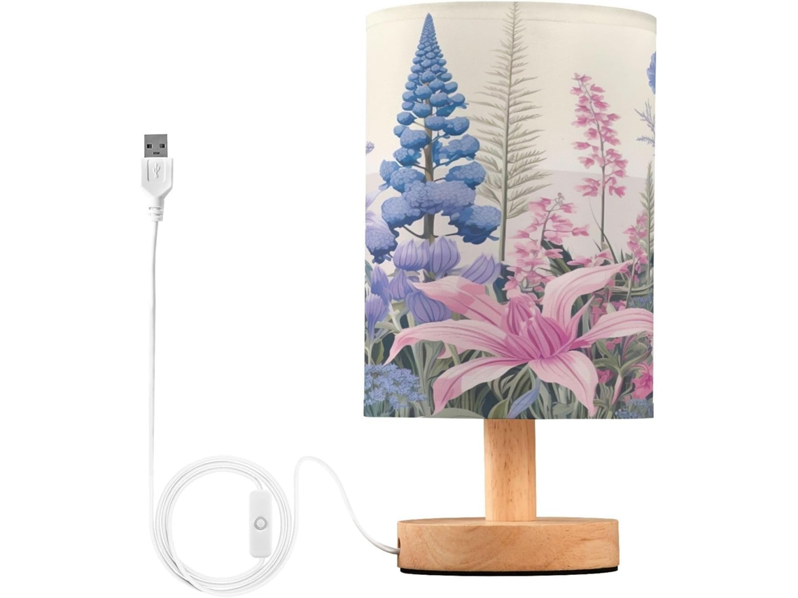 Luminária de cabeceira LED com portas USB, mesa de leitura para quarto, cúpula Tído e base Madeira, escrivaninha para quarto.