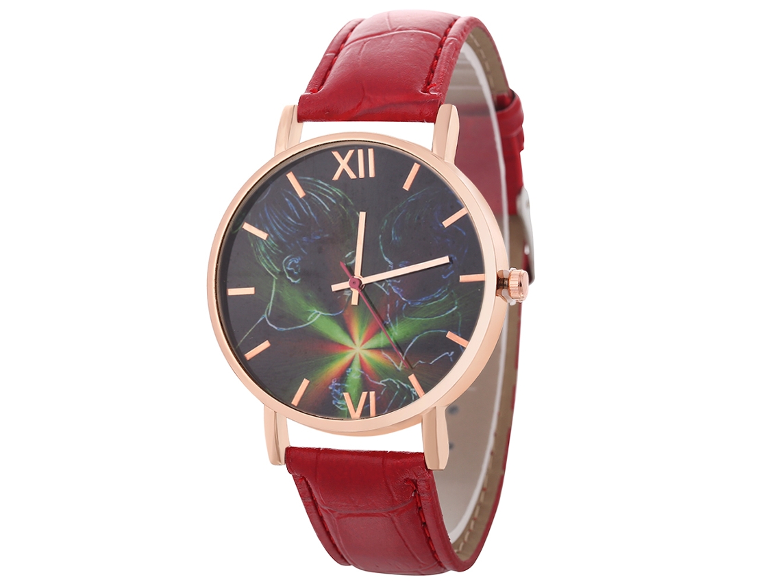 Relógio de Pulso de Quartzo com Pulseira de Couro Pu Estilo Simples Dial Redondo Unisex Vermelho