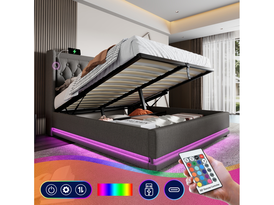 Cama Casal 180x200 Led Usb c Baú Cinza