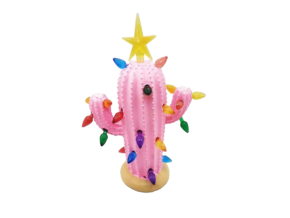 Cacto de Natal em Resina com Luzes Decorativo de Mesa Nostálgico Natalino 22x7,5cm | S/MARCA