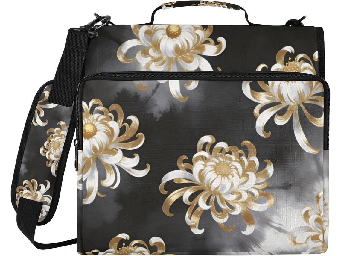 Pasta De 3 Argolas Com Estampa Crisântemo Em Aquarela Preta, Bolsos Extras, Alça E De Ombro Removível Diversos Bolsos