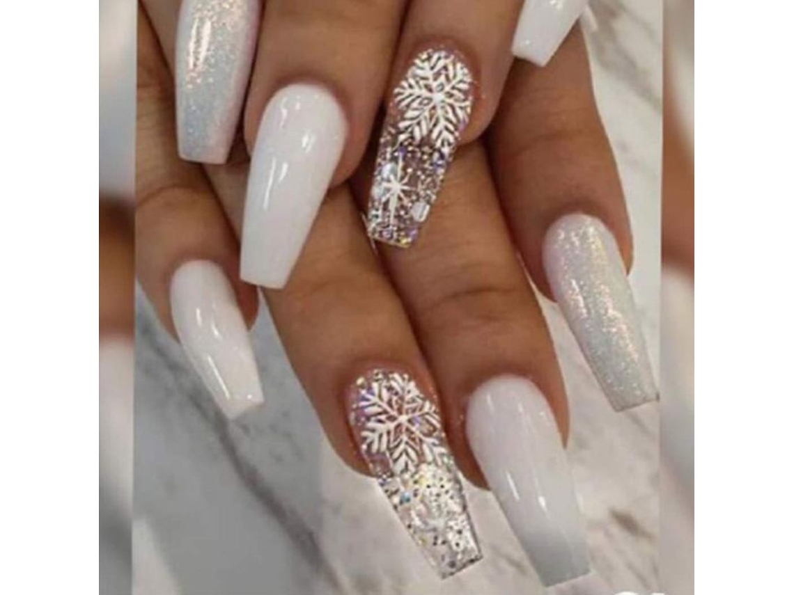 Unhas Postiças de Acrílico Branco com Flocos de Neve Formato Cofre para Mulheres e Adolescentes