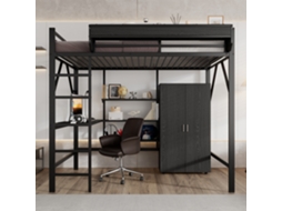Cama De Ferro 140x200cm Preto Com Armário, Prateleiras E Armazenamento Duplo
