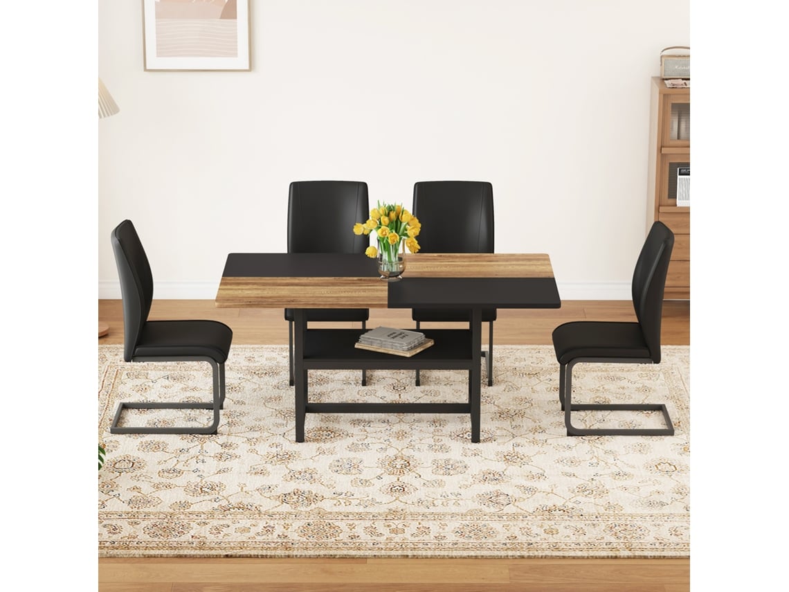 Conjunto De Mesa De Jantar Retangular 160 Cm Com Prateleira Multifuncional E 4 Cadeiras Pretas Em Pu