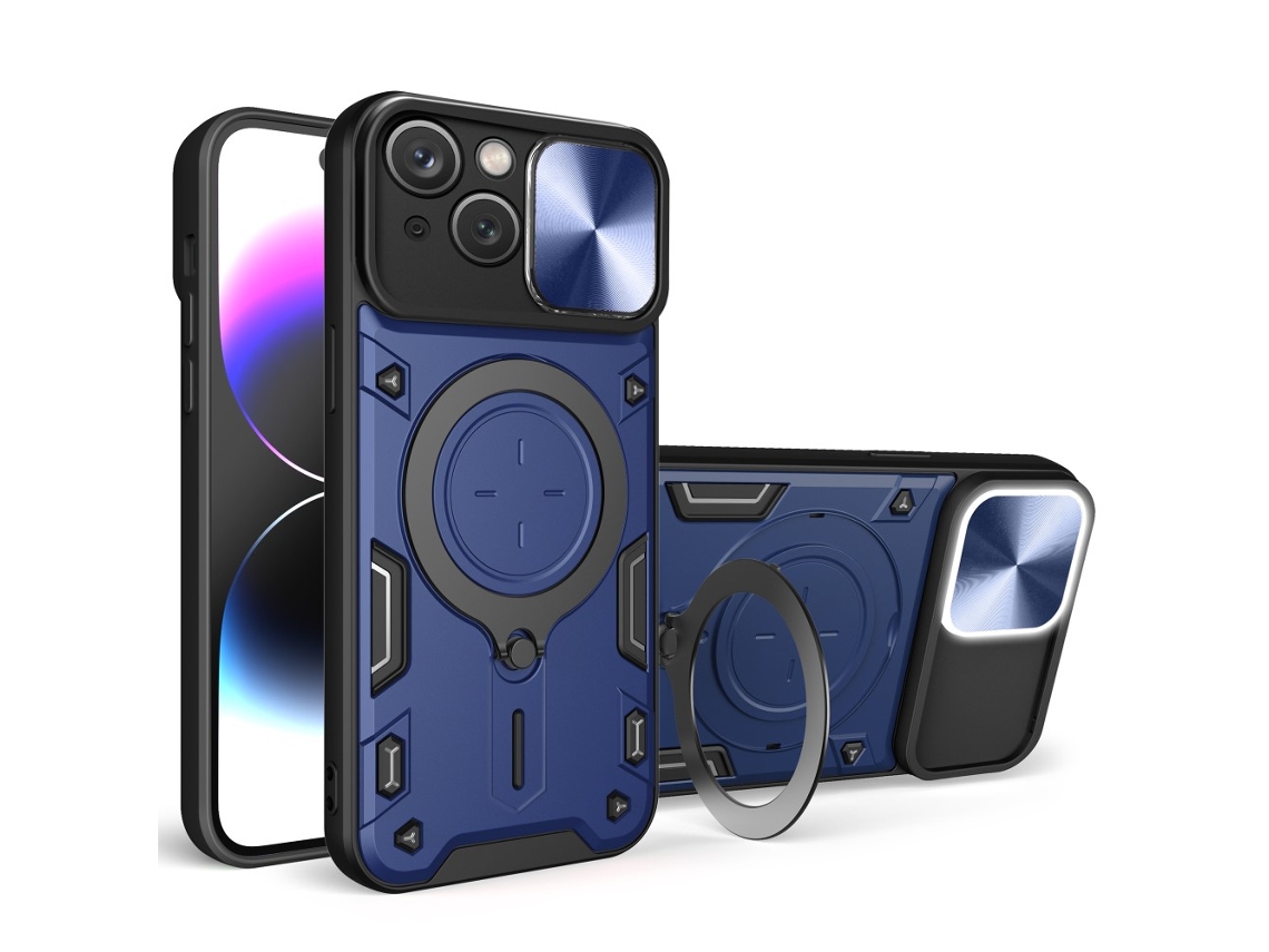 Suporte Casa Slide Câmara Para Iphone 15 Pele Sintética Azul