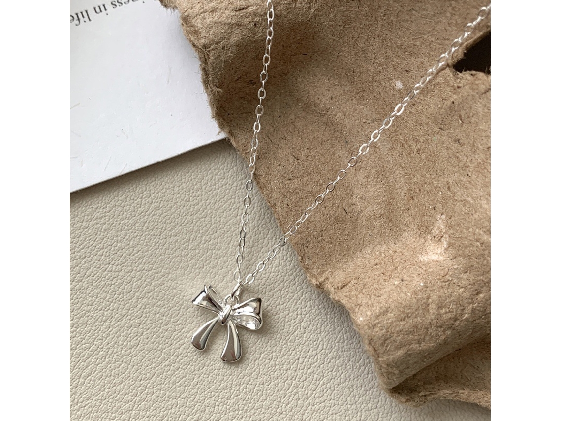 Detalhe de Laço, Prata de Lei 925, Este Colar Tem um Estilo Coreano Delicado com um Toque Sofisticado, Simples e Versátil. MDUG (ouro Branco)