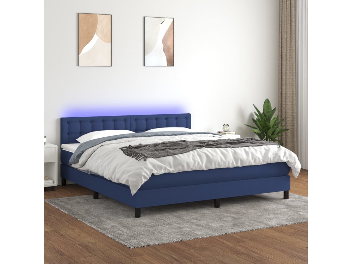 Vidaxl Cama Box Spring C/ Colchão E Led 180x200 Cm Tecido Azul