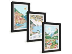 Conjunto De Pinturasvistas Litorâneas Em Tons Pastel Moldura Preta Quadros Para A Sala De Estar Espelharte (3 Peças 20x30 Cm)