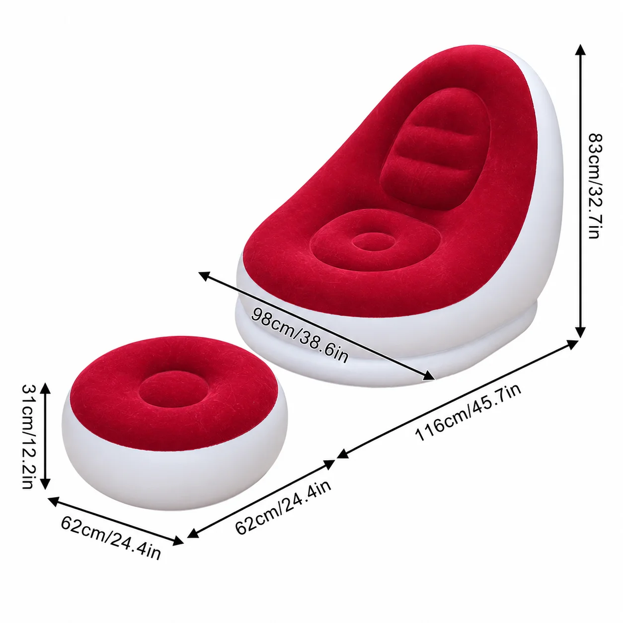 (vermelho) Conjunto Portátil De Puff Inflável E Apoio Para Os Pés, Macio E Aveludado, Ideal Para Quartos.