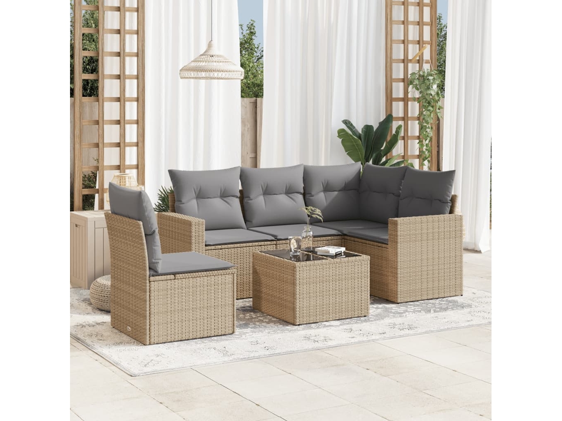 Vidaxl 6 Pcs Conjunto De Sofás P/ Jardim Com Almofadões Vime Pe Bege