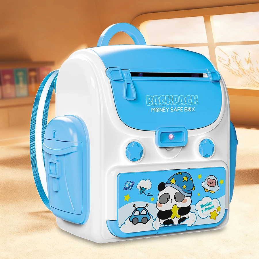 (azul) Crianças Mochila Tipo Moneyjar Brinquedos, Simulação Grande Impressão Digital Senha Desbloquear Caixa, Presente